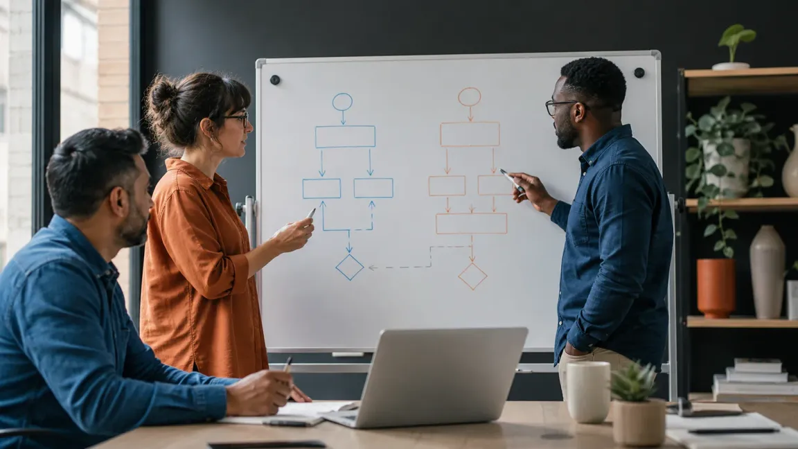 Proptech product and engineering team comparing software architecture options on a whiteboard