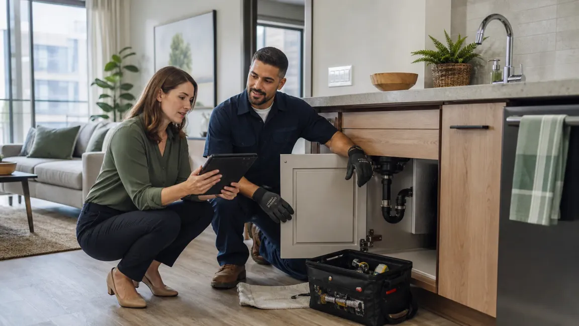 Property manager and technician coordinating a maintenance workflow inside an apartment