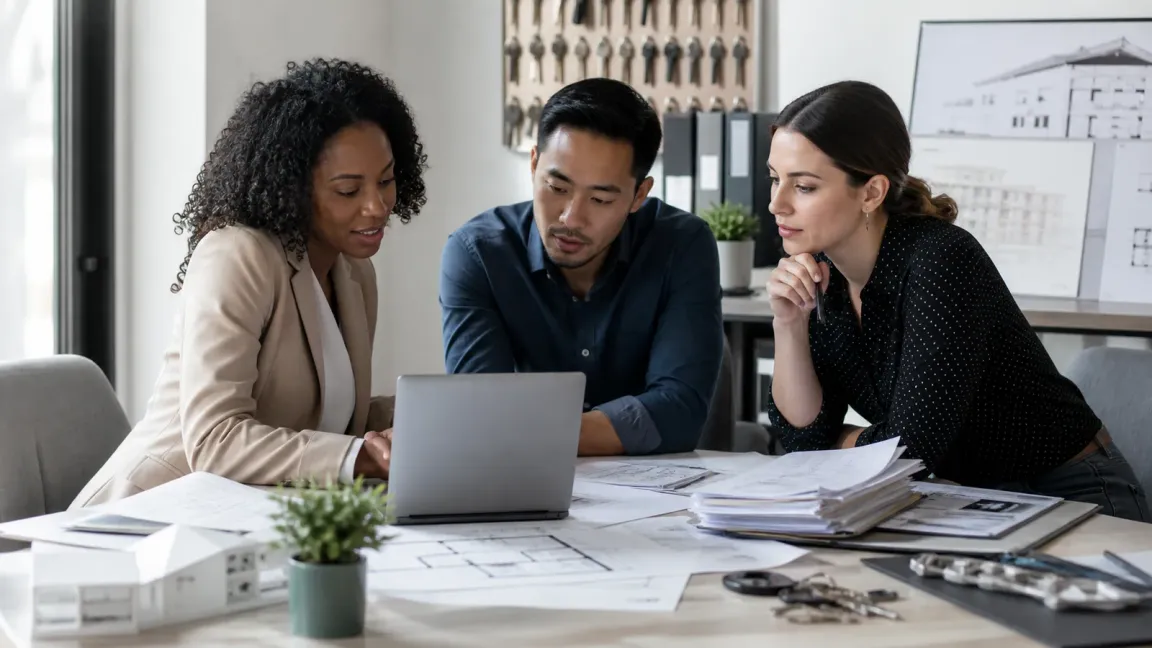 Property operations team reviewing one connected rental record in a bright workspace